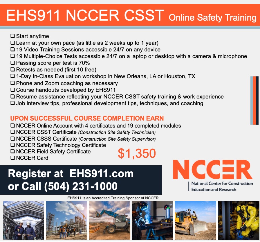 EHS911 NCCER CSST Online Virtual Safety Training